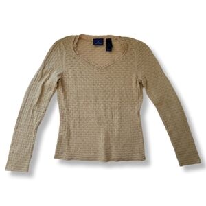J.h. Collectibles Y2k Style Beige And Gold Knit Lace Trim V Neck Long Sleeve Top
